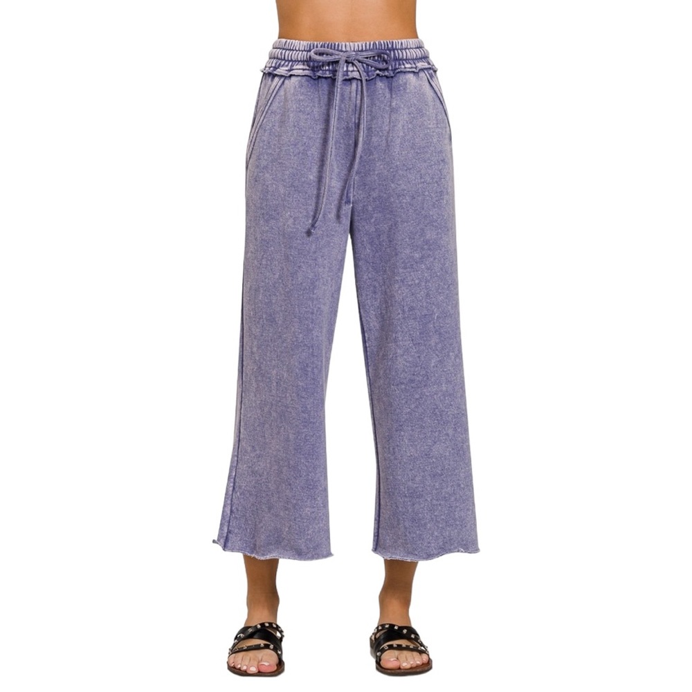 Washed Lavender Wide-Leg Lounge Pants with Drawstring Waist
